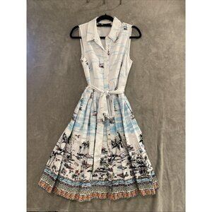 LF LESLIE FAY RETRO WATER COLOR ISLAND PRINT SLEEVELESS SHIRT DRESS  WOMEN SZ 10